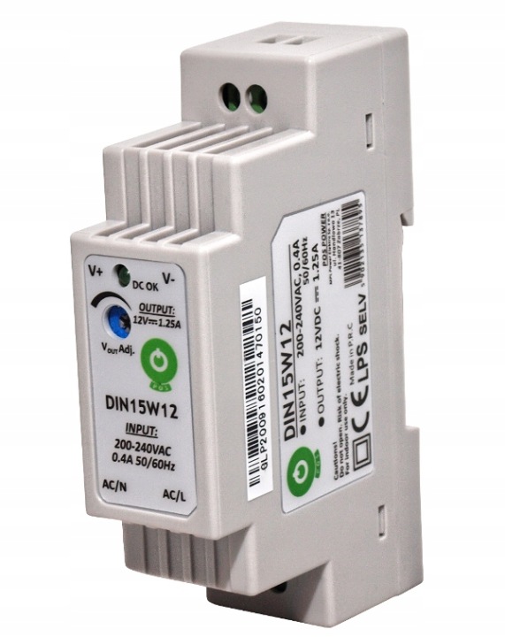 Zasilacz-LED-na-Szyne-DIN-POS-DIN15W12-12V-1-25A-15W Zasialcz na szynę DIN POS DIN15W12 12V 15W 1,25A - obrazek 1